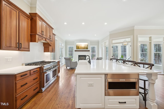 kitchen featuring a breakfast bar, ornamental molding, stainless steel appliances, a fireplace, and light countertops