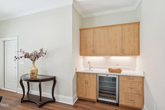 bar featuring beverage cooler, baseboards, dark wood-style flooring, a sink, and ornamental molding