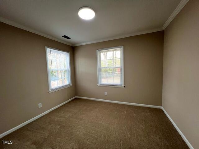 spare room featuring carpet floors, visible vents, crown molding, and baseboards