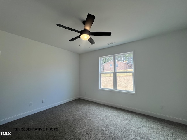 unfurnished room featuring carpet, visible vents, ceiling fan, and baseboards