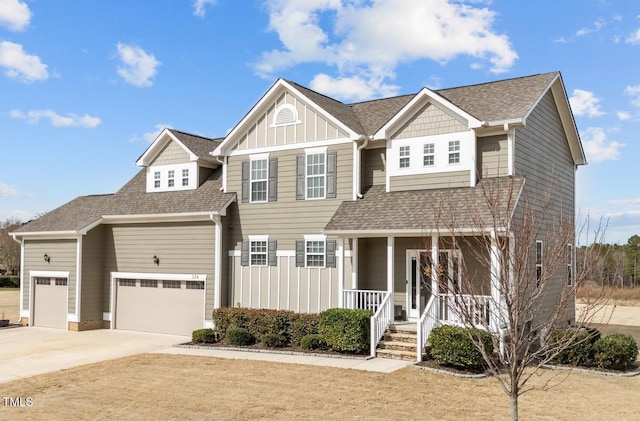 view of front facade featuring covered porch, a garage, a shingled roof, driveway, and board and batten siding