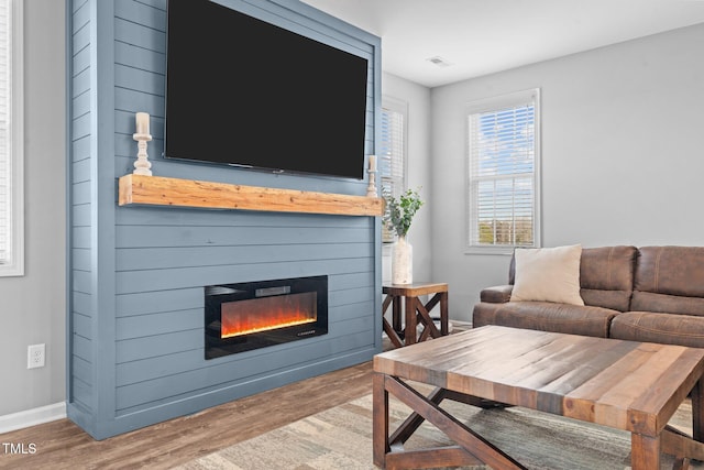 living room with a fireplace, wood finished floors, and baseboards