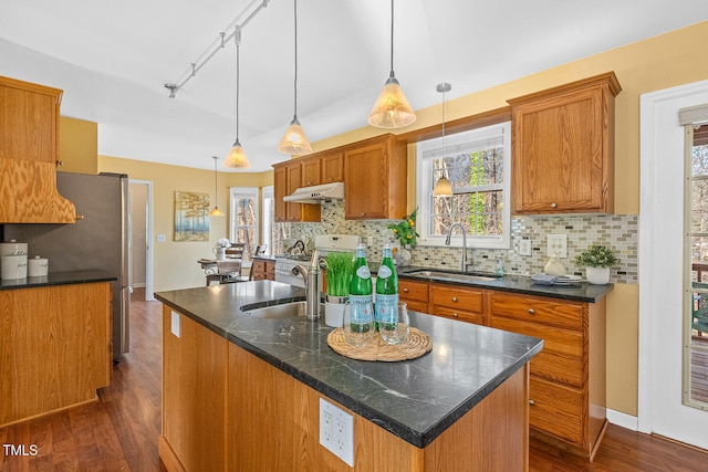 kitchen with a sink, decorative backsplash, dark wood-type flooring, under cabinet range hood, and white gas range