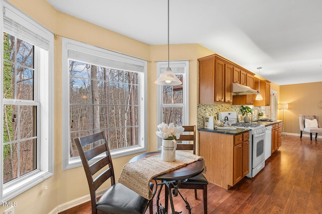 kitchen with tasteful backsplash, dark countertops, under cabinet range hood, white gas range, and dark wood-style flooring