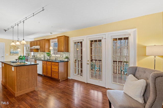 kitchen with dark wood finished floors, dark countertops, tasteful backsplash, and under cabinet range hood