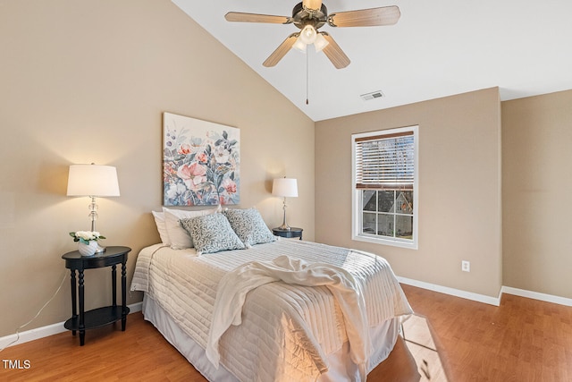 bedroom with vaulted ceiling, light wood-style floors, visible vents, and baseboards