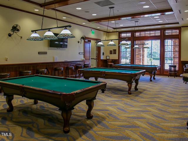 game room featuring a wainscoted wall, pool table, crown molding, and carpet floors