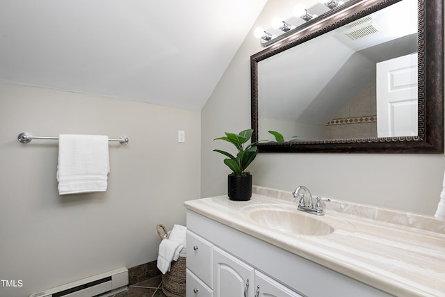 bathroom featuring a baseboard radiator, visible vents, vaulted ceiling, and vanity