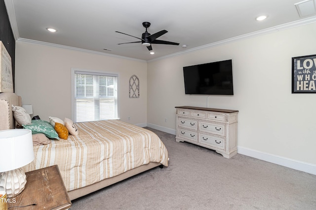 bedroom featuring ornamental molding, visible vents, carpet floors, and baseboards