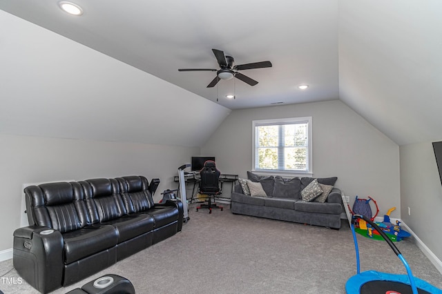 living area featuring carpet floors, baseboards, vaulted ceiling, and recessed lighting