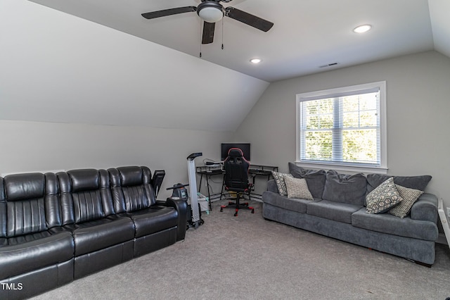 carpeted living room featuring a ceiling fan, lofted ceiling, visible vents, and recessed lighting