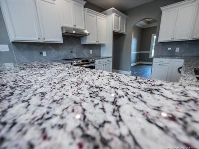 kitchen with arched walkways, under cabinet range hood, electric range, backsplash, and light stone countertops