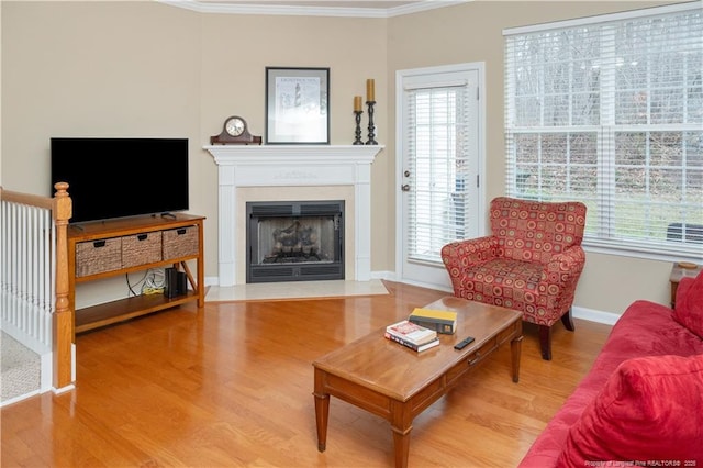 living room featuring a fireplace with flush hearth, a healthy amount of sunlight, crown molding, and wood finished floors