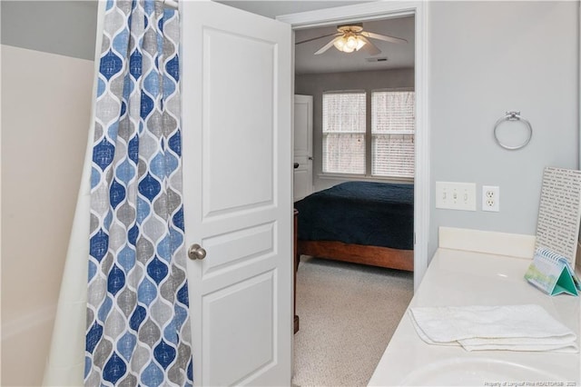 full bath with visible vents, ceiling fan, and a shower with shower curtain