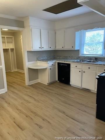 kitchen with black appliances, light countertops, light wood-style flooring, and white cabinets