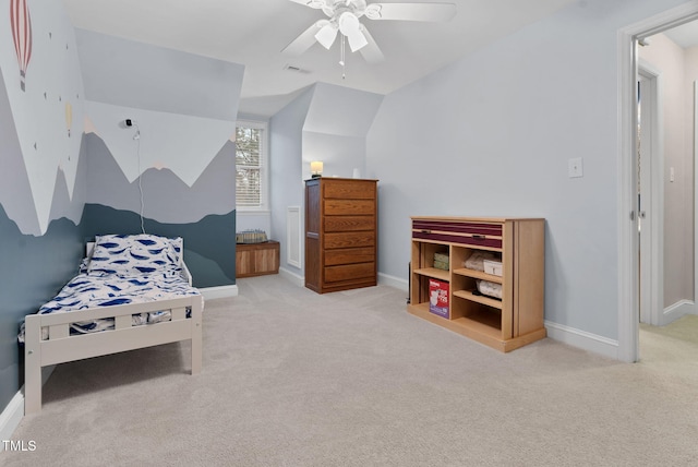 bedroom featuring lofted ceiling, carpet, visible vents, and baseboards