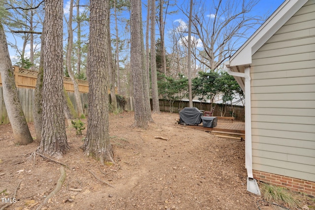 view of yard featuring a fenced backyard and a wooden deck