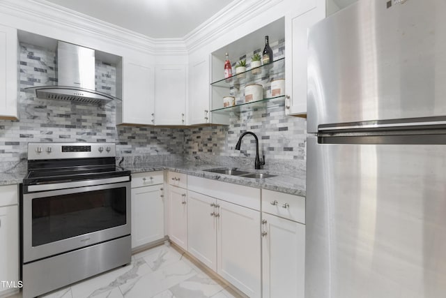 kitchen with appliances with stainless steel finishes, crown molding, wall chimney range hood, open shelves, and a sink