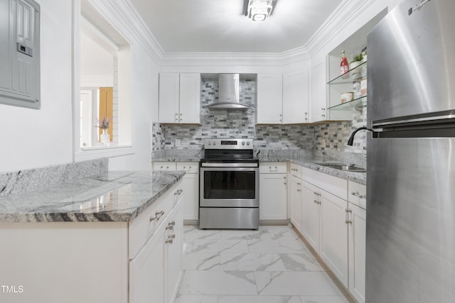 kitchen featuring marble finish floor, open shelves, stainless steel appliances, a sink, and wall chimney exhaust hood