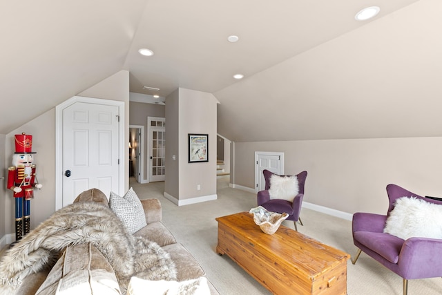 living room featuring lofted ceiling, light carpet, baseboards, and recessed lighting