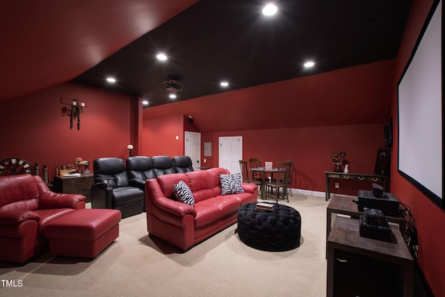 carpeted cinema room with lofted ceiling, baseboards, and recessed lighting