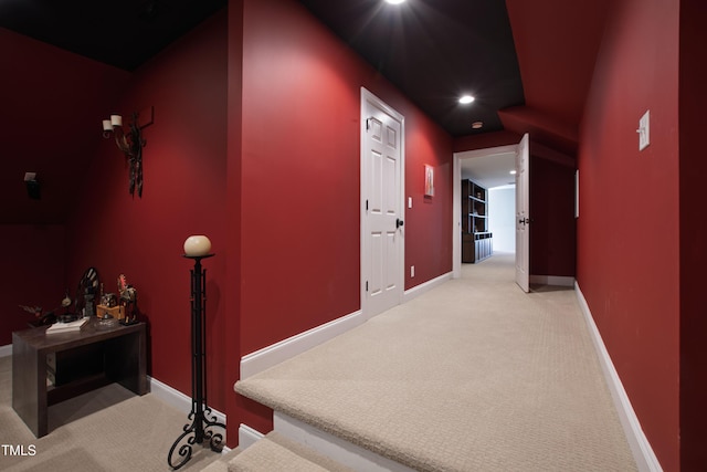 hall featuring carpet floors, recessed lighting, and baseboards