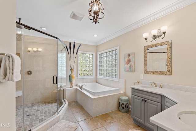 full bath featuring a garden tub, recessed lighting, vanity, ornamental molding, and a shower stall