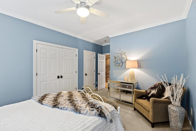 bedroom featuring carpet, ceiling fan, and crown molding