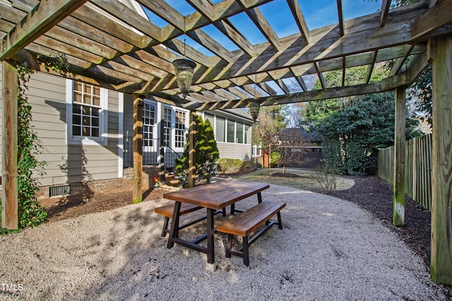 view of patio / terrace with entry steps, a fenced backyard, outdoor dining area, and a pergola