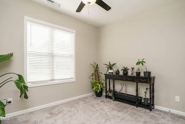 interior space with a ceiling fan, baseboards, visible vents, and carpet flooring