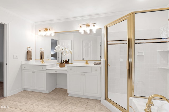 full bathroom with ornamental molding, two vanities, a sink, and a shower stall