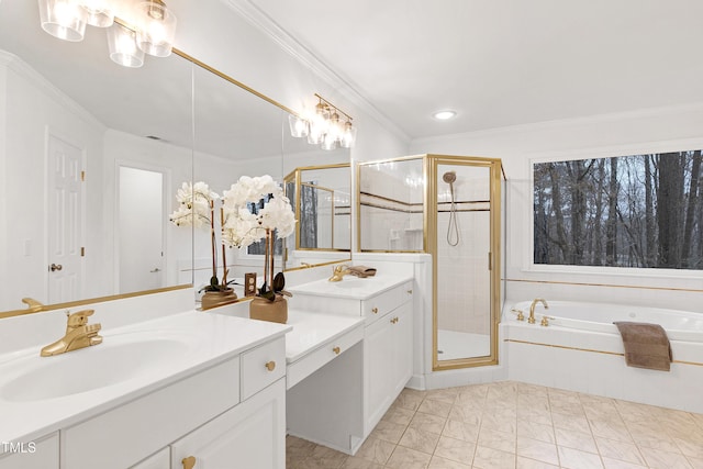 full bath with crown molding, two vanities, a stall shower, a sink, and a bath