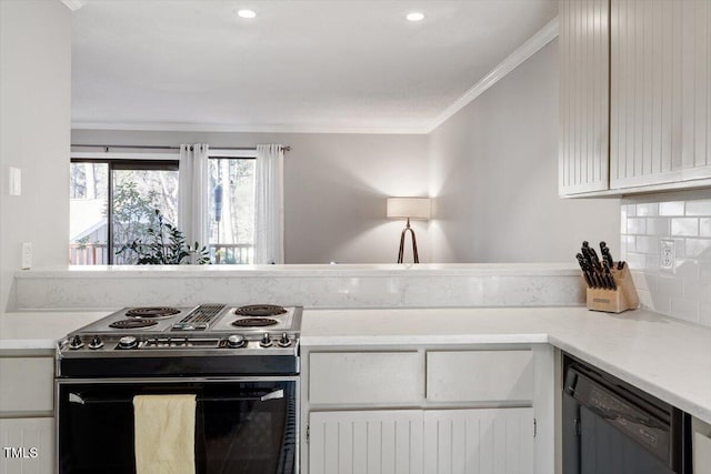 kitchen with black dishwasher, crown molding, light countertops, and electric range oven