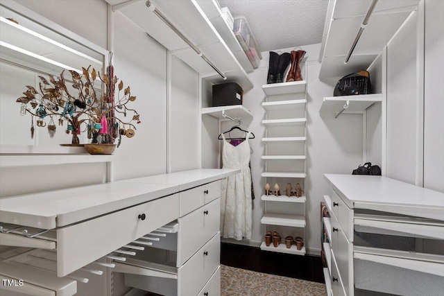 walk in closet featuring dark wood-type flooring