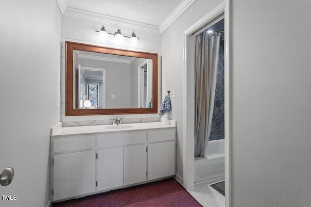 bathroom featuring shower / bathtub combination with curtain, crown molding, vanity, and a textured ceiling