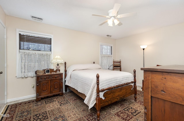 bedroom with baseboards, visible vents, and ceiling fan