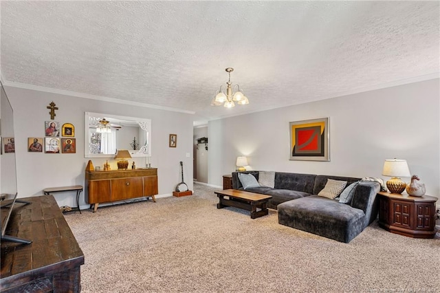 carpeted living area featuring ornamental molding, a chandelier, a textured ceiling, and baseboards