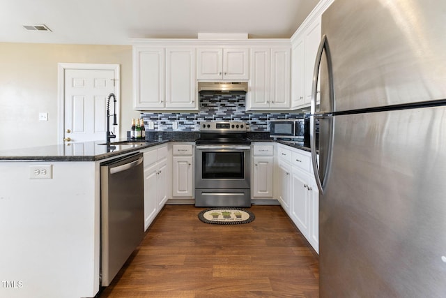 kitchen with a peninsula, white cabinetry, stainless steel appliances, and a sink