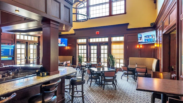 interior space featuring a high ceiling, french doors, and a healthy amount of sunlight