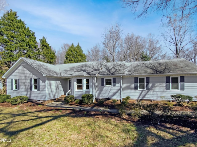 ranch-style home with crawl space and a front lawn