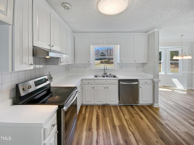 kitchen with stainless steel appliances, white cabinetry, a sink, and under cabinet range hood