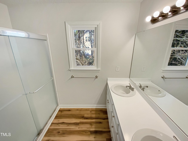 full bathroom featuring double vanity, baseboards, a sink, and wood finished floors