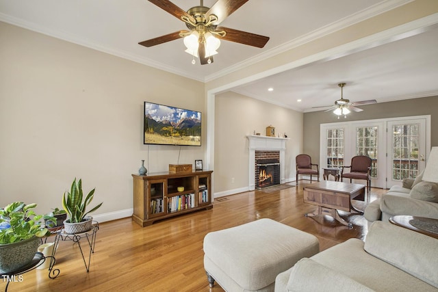 living room featuring ornamental molding, light wood-type flooring, a fireplace, and baseboards