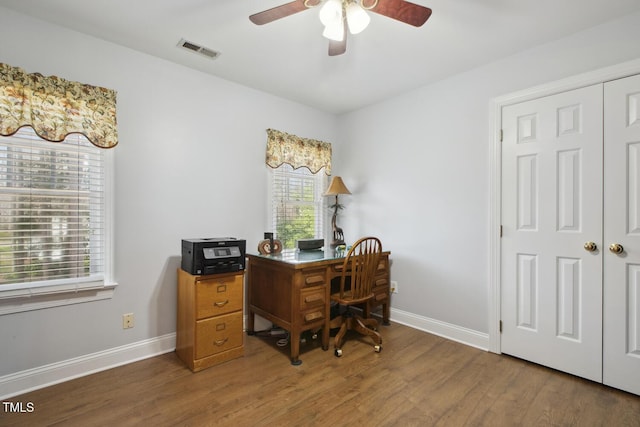 home office featuring visible vents, ceiling fan, baseboards, and wood finished floors