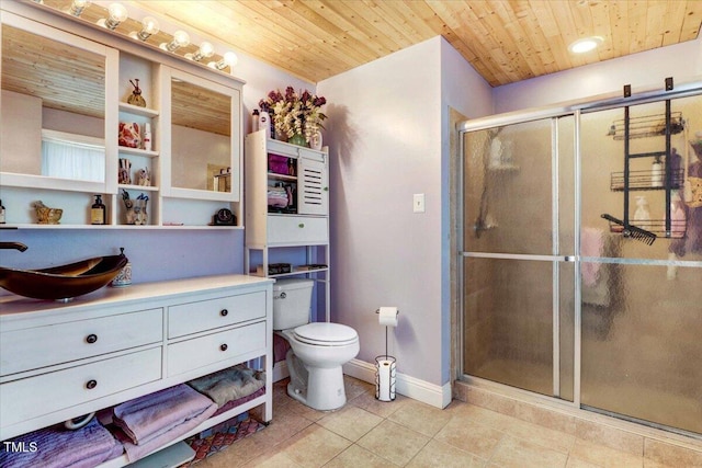 bathroom with a stall shower, baseboards, wooden ceiling, tile patterned floors, and vanity