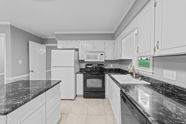 kitchen with ornamental molding, white cabinets, a sink, and black appliances