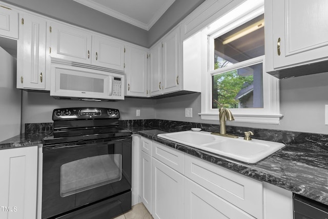 kitchen featuring white microwave, a sink, white cabinetry, black electric range, and crown molding