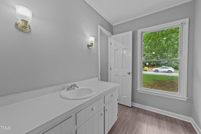 bathroom with ornamental molding, vanity, baseboards, and wood finished floors