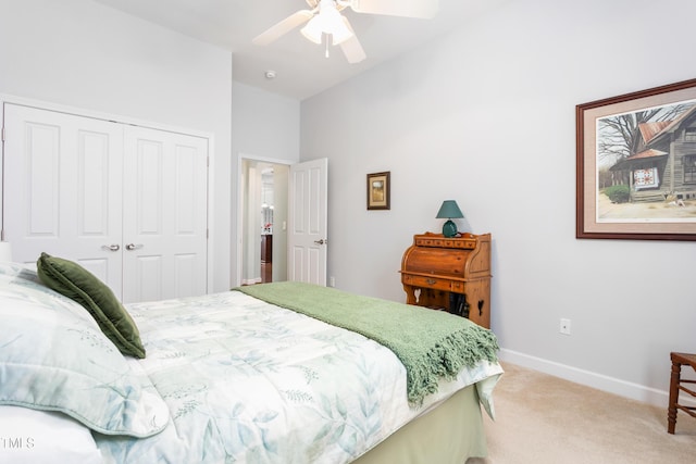 bedroom featuring a closet, carpet flooring, ceiling fan, and baseboards