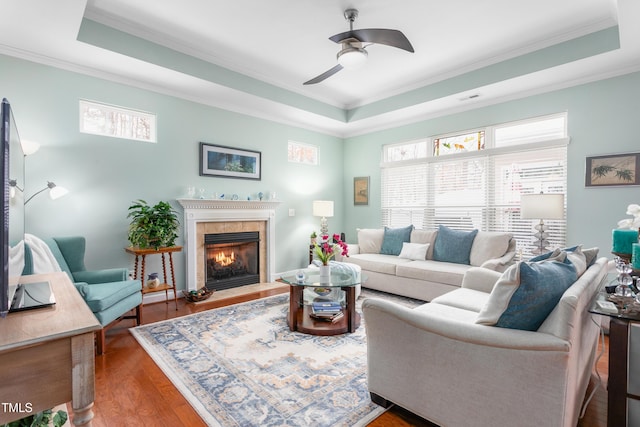 living room with ornamental molding, wood finished floors, a fireplace, and a raised ceiling